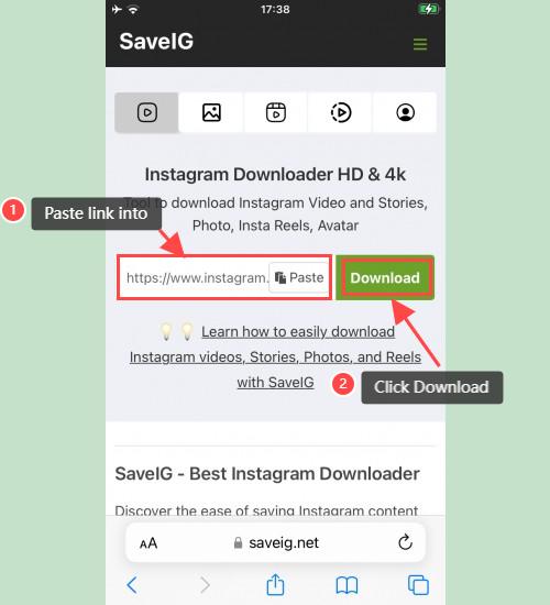 Using SaveVid to Paste Instagram Link: SaveVid website on an iPhone showing where to paste an Instagram link and click 