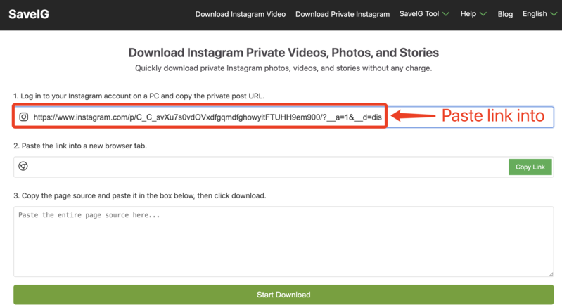 Pasting Instagram URL into SaveVid Private Downloader: SaveVid website showing the input field where a private Instagram post URL is pasted to download content.