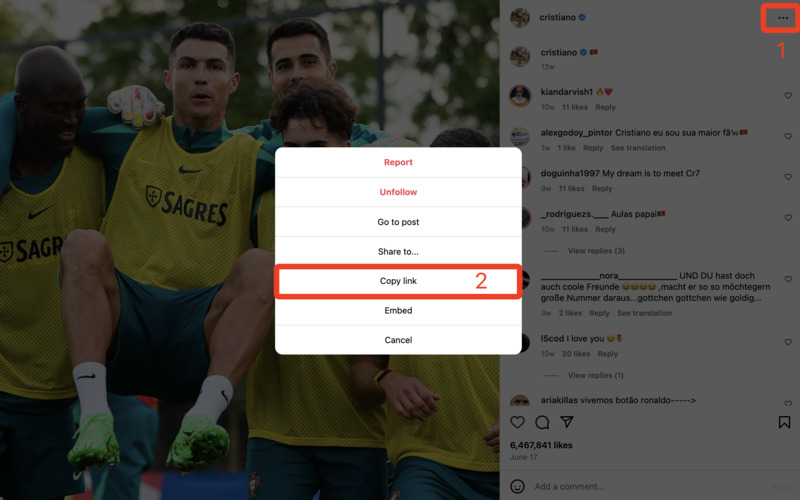 Kopírování odkazu z Instagramu pro stahování s SaveVid: Příspěvek z Instagramu ukazující nabídku 