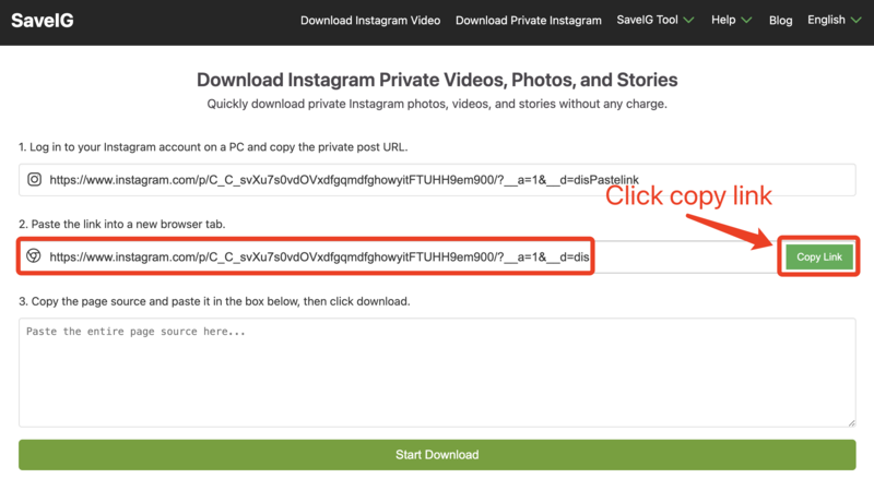 Kopírování odkazu pro SaveVid Private Download: Stránka Instagram Private Downloader SaveVid ukazující zvýrazněné tlačítko 