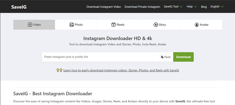 SaveVid Instagram Video Downloader Website: Screenshot of the SaveVid website showing the interface to paste an Instagram URL and download videos, photos, reels, stories, or IGTV.