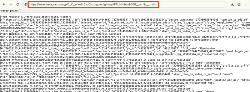 Visualisation du code source Instagram pour SaveVid : Fenêtre du navigateur affichant le code source d’un post Instagram après avoir suivi les instructions de SaveVid pour les téléchargements privés.