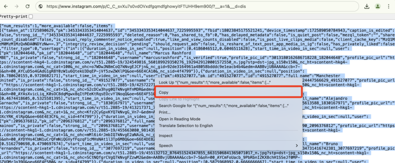 Copie du code source depuis Instagram pour SaveVid : Capture d’écran du navigateur montrant l’utilisateur en train de copier le code source du post Instagram pour l’utiliser avec le téléchargeur privé de SaveVid.