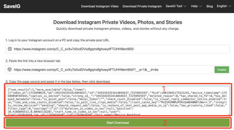 Collage du code source dans SaveVid et téléchargement : Interface du téléchargeur privé de SaveVid où le code source est collé, avec le bouton 