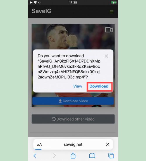 确认从 SaveVid 下载视频：iPhone 屏幕提示从 SaveVid 下载视频，并有 